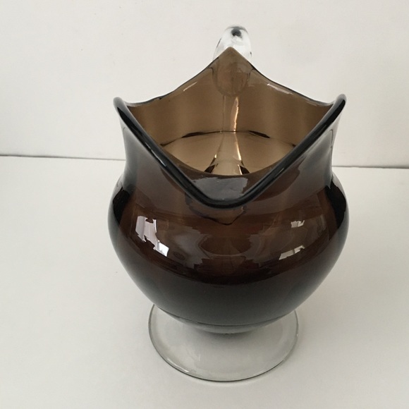 Pedestal Hand Blown Smoky Art Glass Pitcher. Applied Handles. Excellent - Picture 5 of 5